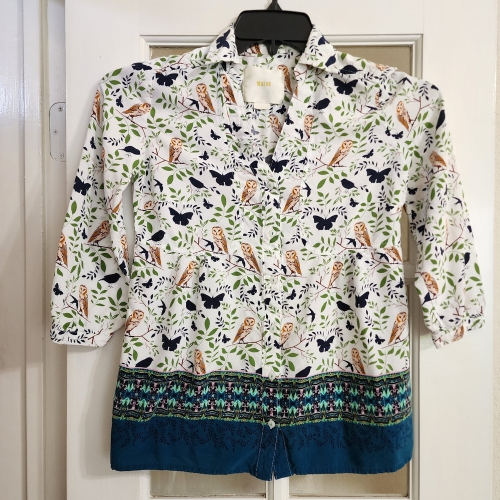 Maeve Anthropologie Owl Bird Butterfly Print Button Blouse Boho 3/4 Sleeve